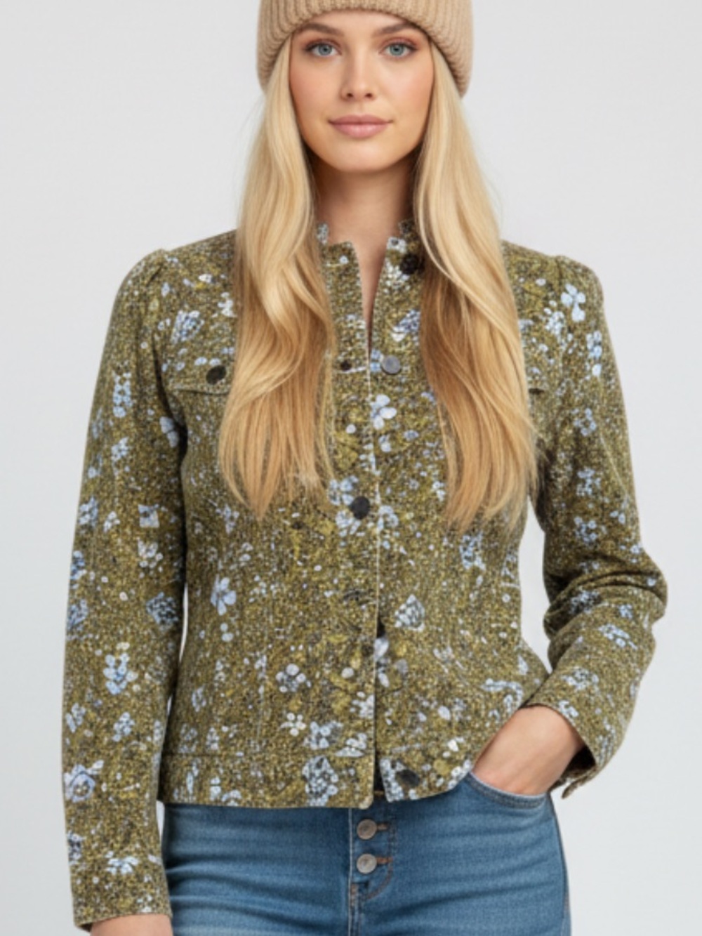 Olive Corduroy Floral Button-Front Women's Jacket